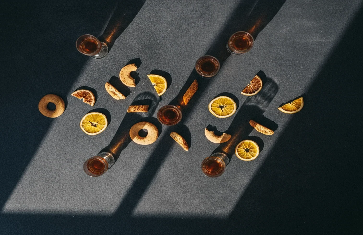 Small bites arranged on a dark surface
