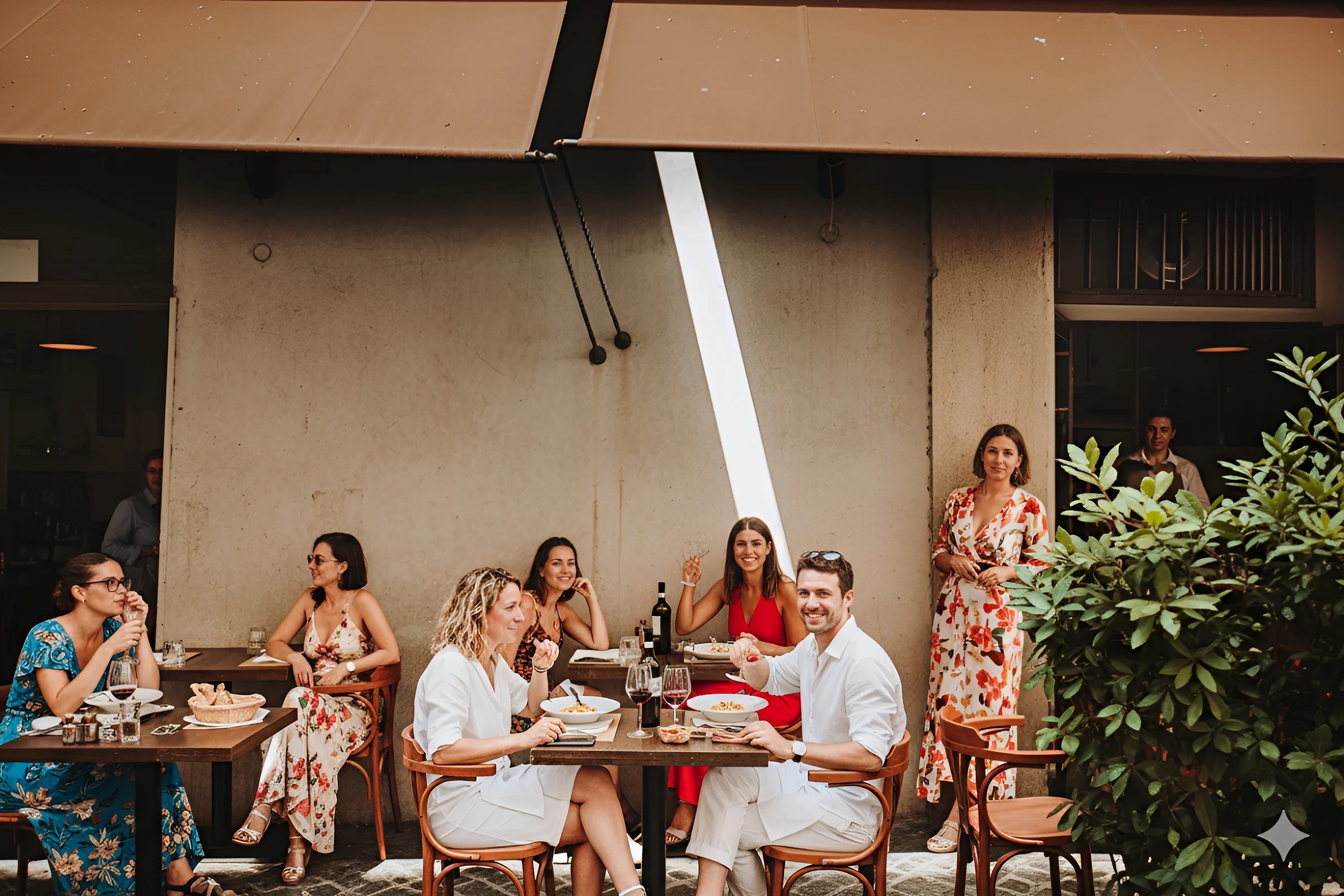 An outdoor table beneath the awning