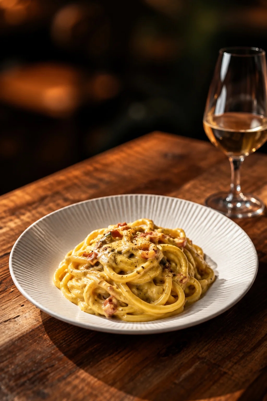 Pasta with courgettes on a white plate