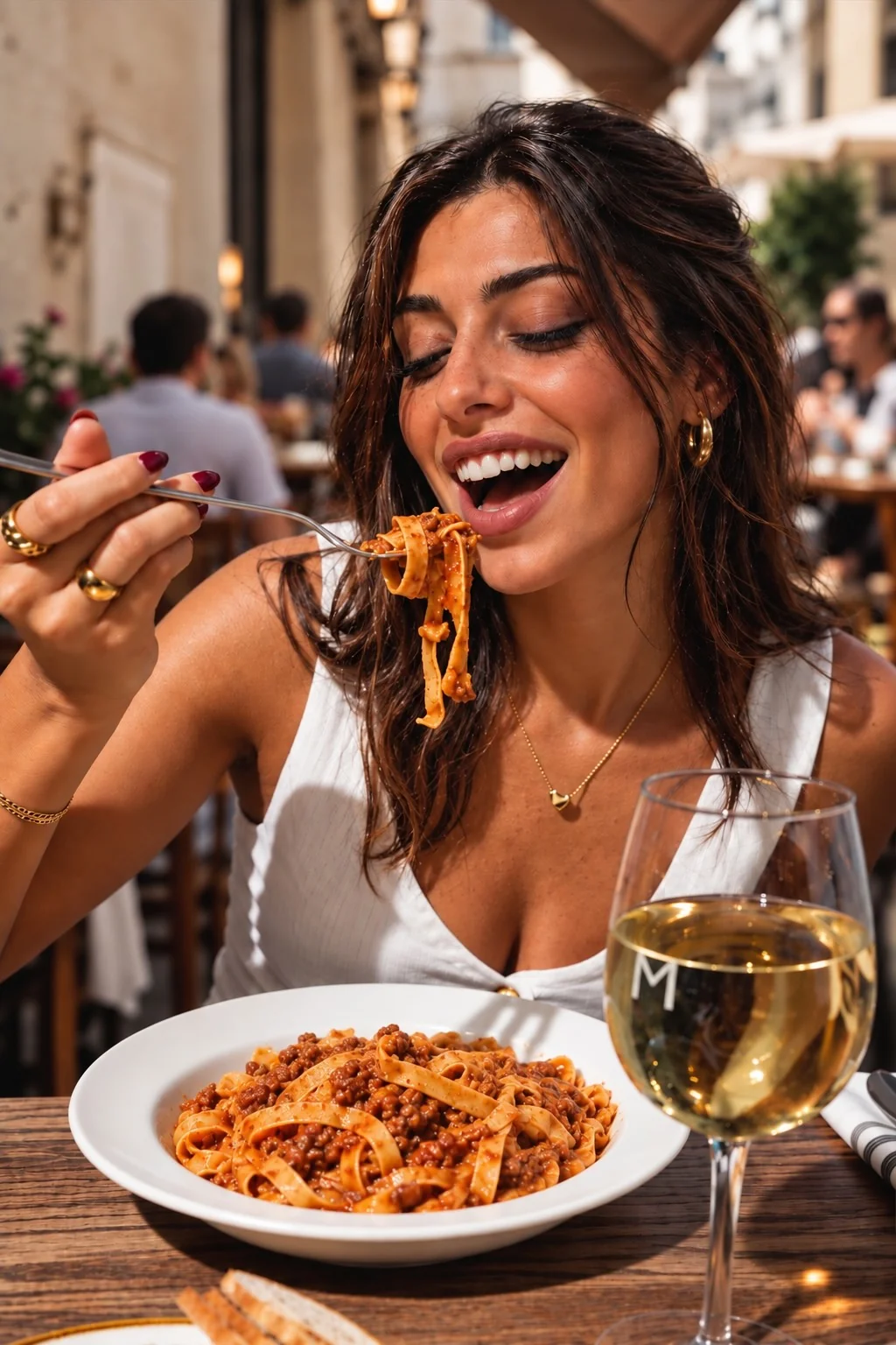 A guest tasting pasta at an outdoor table