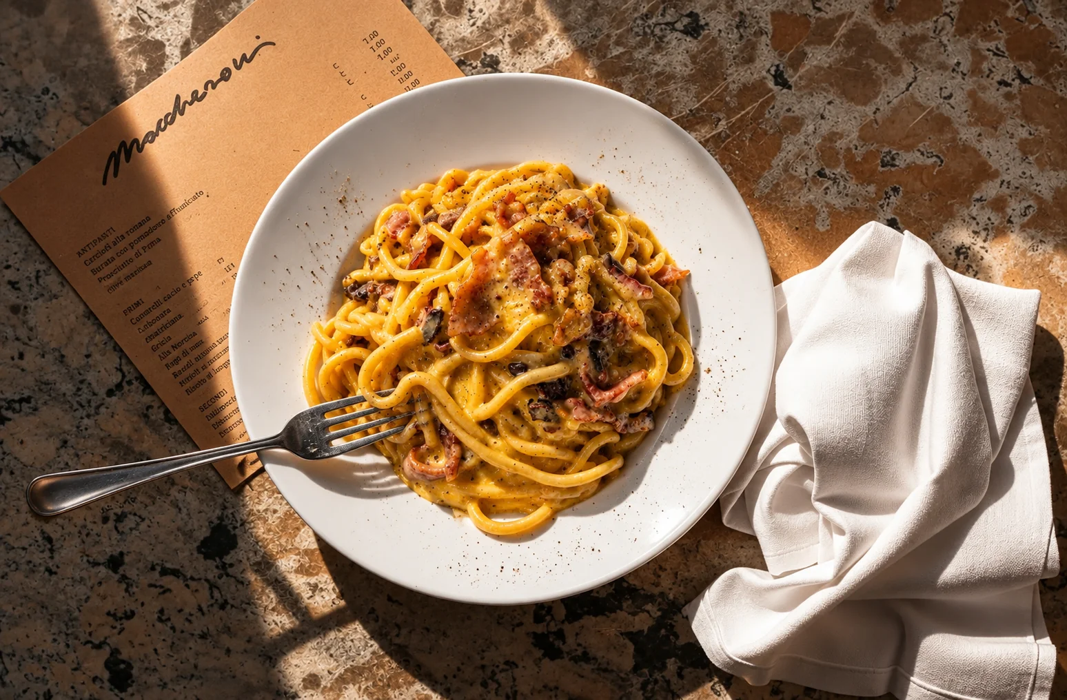 Spaghetti on a table with the Maccheroni menu
