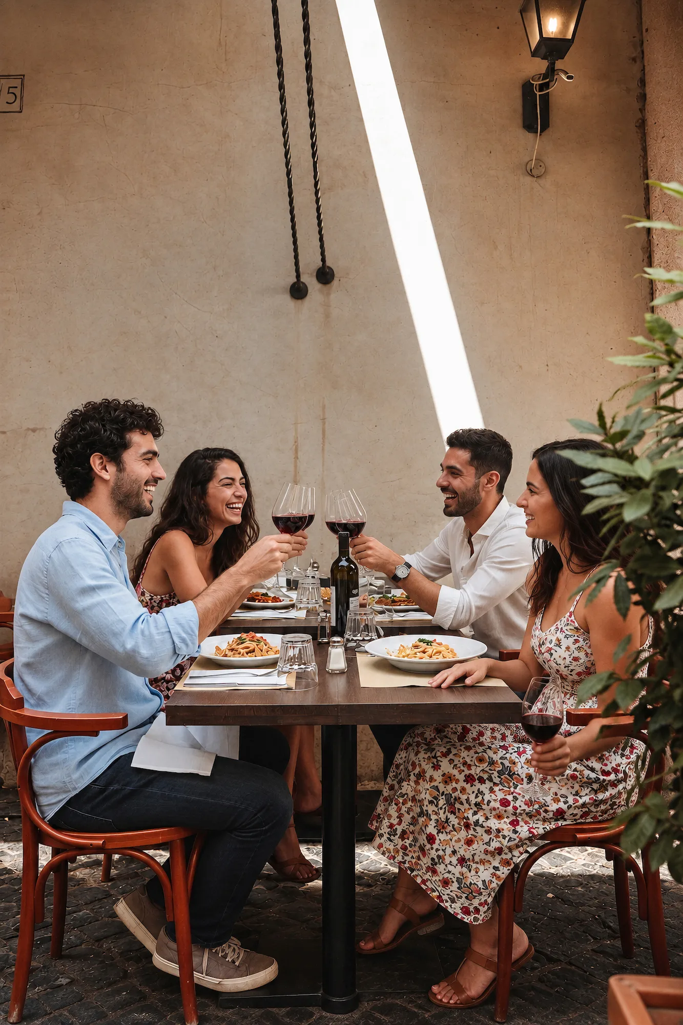 Four guests raising a toast at an outdoor table
