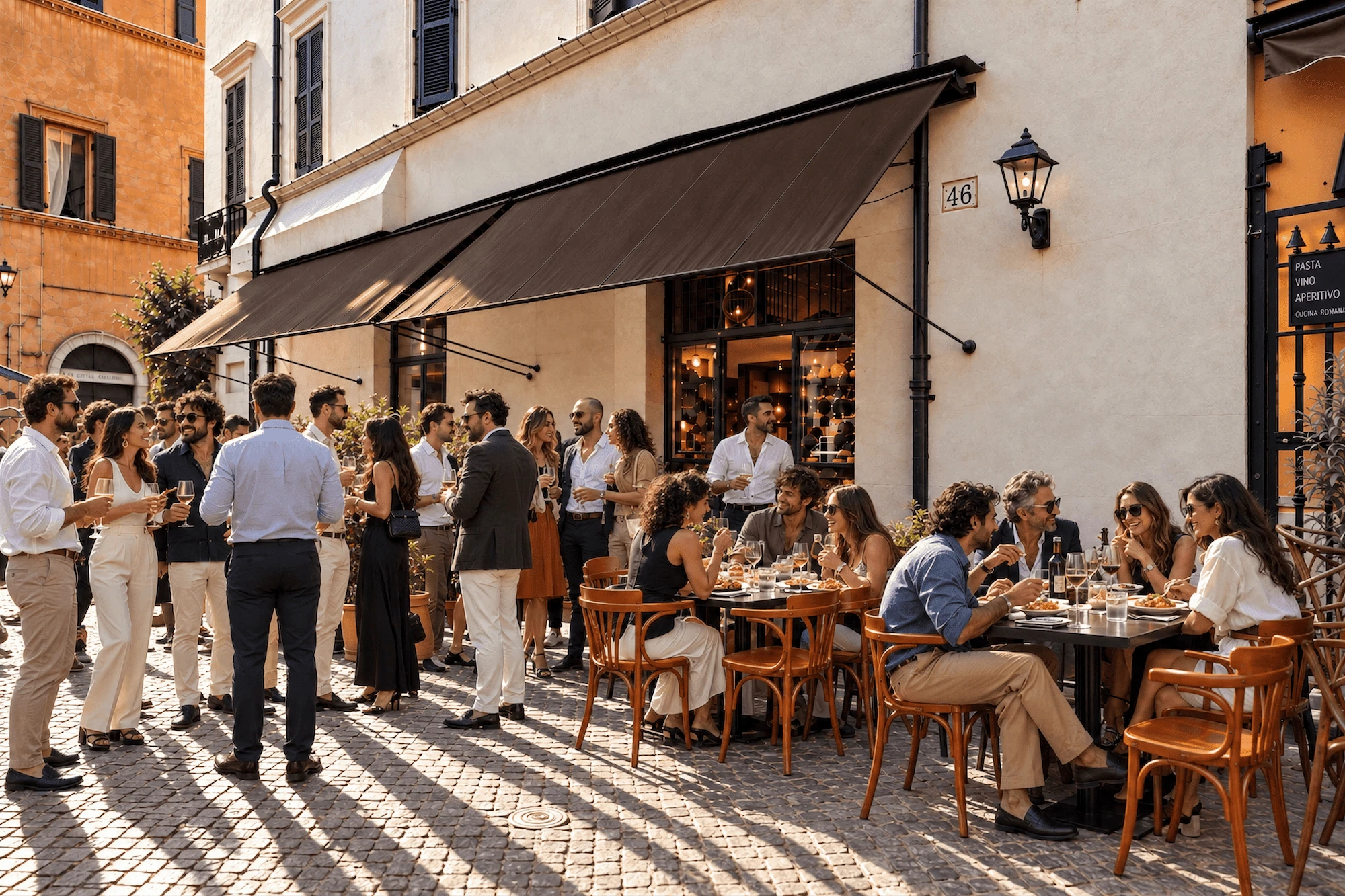 Guests outside the restaurant and at the outdoor tables