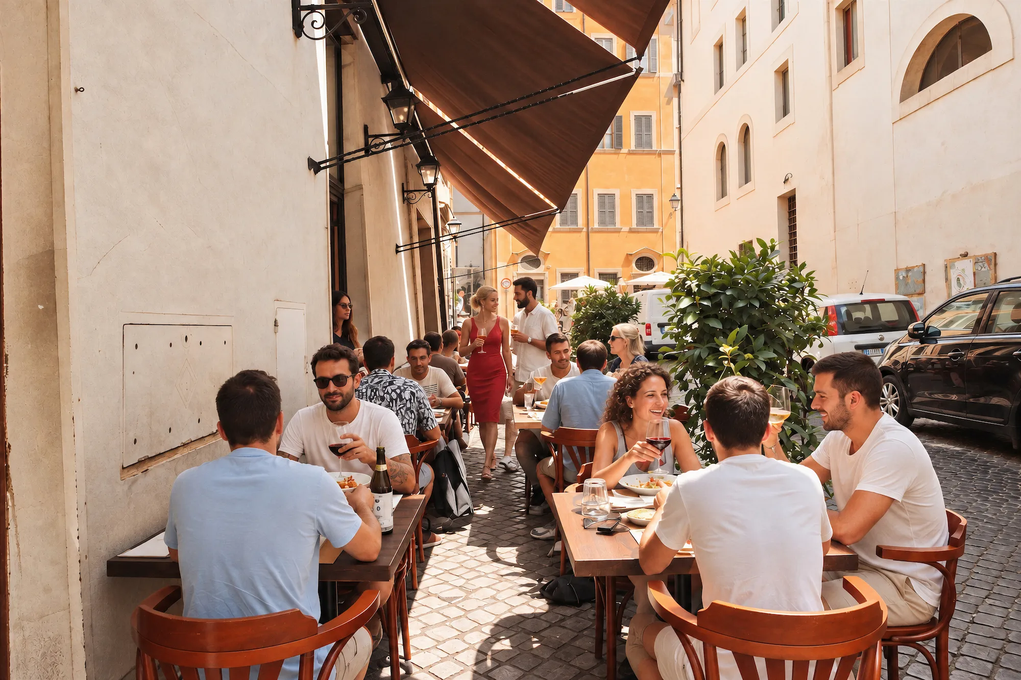 Guests at outdoor tables beneath the awning