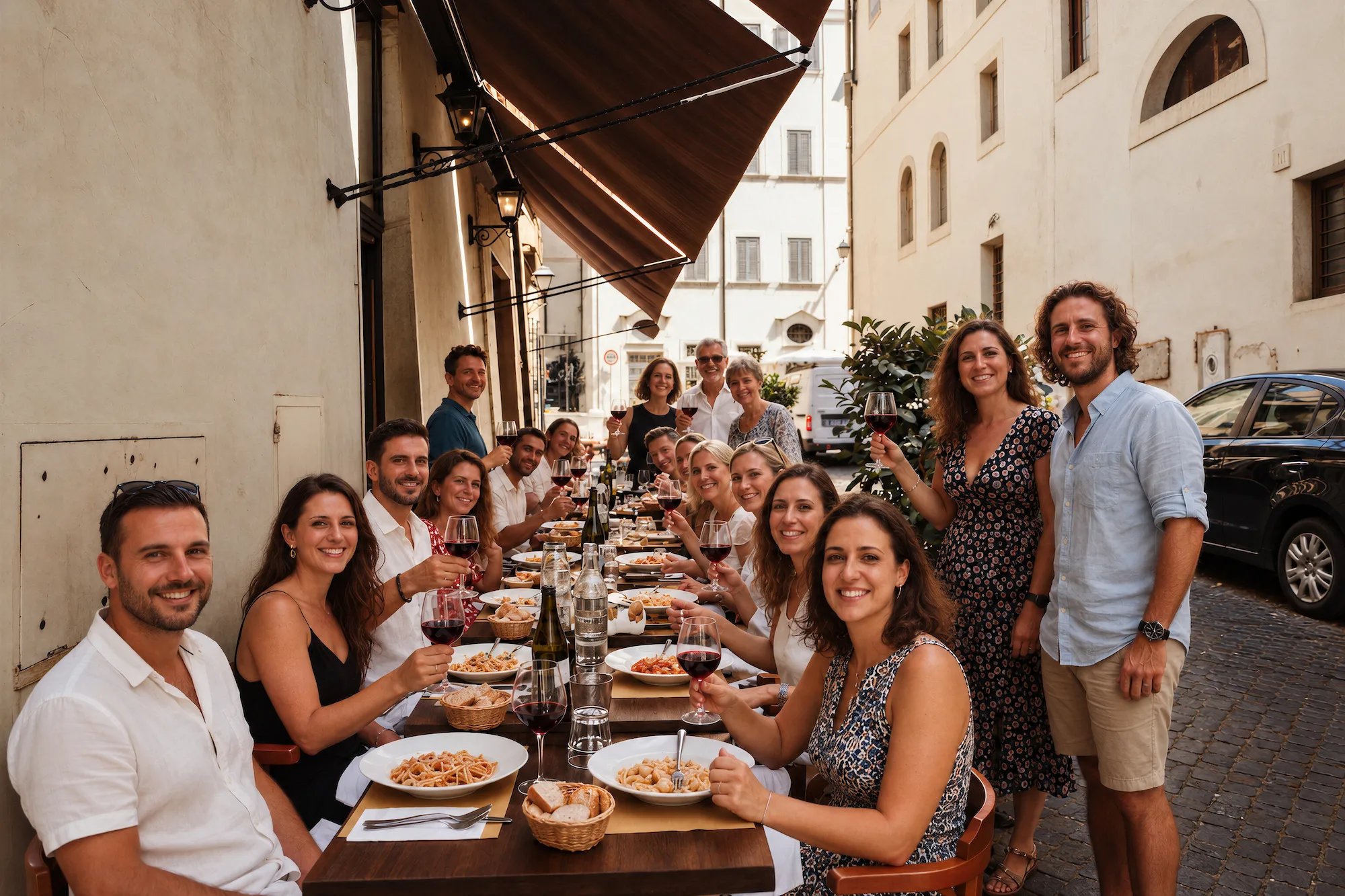 A long outdoor table at Maccheroni
